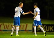 23 October 2015; Ciarán Coll, Finn Harps, right, is greeted by team-mate Raymond Foy as his leaves the field after picking up an injury. SSE Airtricity Promotion Playoff Semi Final First Leg, UCD v Finn Harps. UCD Bowl, UCD, Dublin. Picture credit: Piaras Ó Mídheach / SPORTSFILE