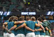 24 October 2015; The South Africa team form a huddle ahead of the game. 2015 Rugby World Cup, Semi-Final, New Zealand v South Africa. Twickenham Stadium, Twickenham, London, England. Picture credit: Ramsey Cardy / SPORTSFILE