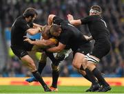 24 October 2015; Schalk Burger, South Africa, is tackled by Conrad Smith, left, Joe Moody, centre, and Richie McCaw, New Zealand. 2015 Rugby World Cup, Semi-Final, New Zealand v South Africa. Twickenham Stadium, Twickenham, London, England. Picture credit: Ramsey Cardy / SPORTSFILE