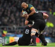 24 October 2015; JP Pietersen, South Africa, is tackled by Kieran Read, left, and Samuel Whitelock, New Zealand. 2015 Rugby World Cup, Semi-Final, New Zealand v South Africa. Twickenham Stadium, Twickenham, London, England. Picture credit: Ramsey Cardy / SPORTSFILE