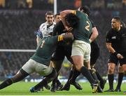 24 October 2015; Julian Savea, New Zealand, is tackled by Tendai Mtawarira, left, and Bismarck du Plessis, South Africa. 2015 Rugby World Cup, Semi-Final, New Zealand v South Africa. Twickenham Stadium, Twickenham, London, England. Picture credit: Ramsey Cardy / SPORTSFILE