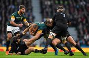 24 October 2015; Schalk Burger, South Africa, is tackled by Conrad Smith, left, Joe Moody, centre, and Richie McCaw, New Zealand. 2015 Rugby World Cup, Semi-Final, New Zealand v South Africa. Twickenham Stadium, Twickenham, London, England. Picture credit: Ramsey Cardy / SPORTSFILE