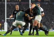 24 October 2015; Julian Savea, New Zealand, is tackled by Tendai Mtawarira, left, and Bismarck du Plessis, South Africa. 2015 Rugby World Cup, Semi-Final, New Zealand v South Africa. Twickenham Stadium, Twickenham, London, England. Picture credit: Ramsey Cardy / SPORTSFILE