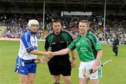20 June 2009; The Waterford and Limerick captains Stephen Molumphy, left, and Mark Foley greet each other across referee Brian Gavin. GAA Hurling Munster Senior Championship Semi-Final Replay, Limerick v Waterford, Semple Stadium, Thurles, Co. Tipperary. Picture credit: Ray McManus / SPORTSFILE