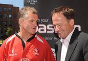 25 June 2009; Brian McLaughlin, who was unveiled as the new Ulster Rugby head coach, shares a joke with David Humphreys, operations director, Ulster Rugby, after a press conference. Radisson SAS Hotel, Belfast, Co. Antrim. Picture credit: Oliver McVeigh / SPORTSFILE *** Local Caption ***