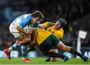 25 October 2015; Nicolas Sanchez, Argentina, is tackled by Rob Simmons, left, and David Pocock, Australia. 2015 Rugby World Cup, Semi-Final, Argentina v Australia. Twickenham Stadium, Twickenham, London, England. Picture credit: Ramsey Cardy / SPORTSFILE