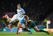 25 October 2015; Facundo Isa, Argentina, is tackled by Rob Simmons, Australia. 2015 Rugby World Cup, Semi-Final, Argentina v Australia. Twickenham Stadium, Twickenham, London, England. Picture credit: Ramsey Cardy / SPORTSFILE
