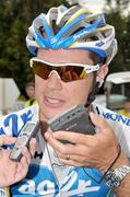 28 June 2009; Nicolas Roche, AG2R La Mondiale, speaks to journalists after winning the All-Ireland Elite Men's Road Race Championships. Dunboyne, Co. Meath. Picture credit; Stephen McMahon / SPORTSFILE