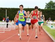 28 June 2009; John Coghlan, Metro / St. Brigids AC, crosses the finish line to win the U23 1500m final ahead of Rory Chesser, Ennis Track AC, right, at the AAI Woodies DIY Junior & U23 Track & Field Championships, Tullamore, Co. Offaly. Picture credit: Pat Murphy / SPORTSFILE
