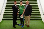 27 October 2015; Ireland team captain Bernard Brogan, centre, with team manager Joe Kernan and Pádraig Slyne, left, EirGrid, at a media briefing ahead of the EirGrid International Rules 2015. Croke Park, Dublin. Picture credit: Brendan Moran / SPORTSFILE