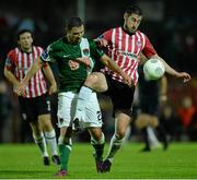 11 September 2015; Mark O'Sullivan, Cork City, in action against Aaron Barry, Derry City. Irish Daily Mail FAI Senior Cup, Quarter-Final, Derry City v Cork City, Brandywell Stadium, Derry. Picture credit: Oliver McVeigh / SPORTSFILE