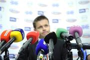 2 July 2009; Gaelic Players Association Chief Executive Dessie Farrell in front of broadcasters microphones at a GPA press conference ahead of the Munster Senior Hurling Championship Final and the Leinster Senior Football Championship Final. The GPA announced that their members will not be co-operating with broadcasters by giving interviews in the lead up to, or after the Munster Hurling or Leinster Football finals. Croke Park Hotel, Dublin. Picture credit: Matt Browne / SPORTSFILE