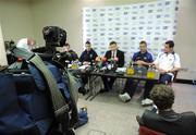 2 July 2009; Gaelic Players Association Chief Executive Dessie Farrell with GPA members from left Shane McGrath, Tipperary, John Doyle, Kildare, Ken McGrath, Waterford, and Ger Brennan, Dublin, at a GPA press conference ahead of the Munster Senior Hurling Championship Final and the Leinster Senior Football Championship Final. The GPA announced that their members will not be co-operating with broadcasters by giving interviews in the lead up to, or after the Munster Hurling or Leinster Football finals. Croke Park Hotel, Dublin. Picture credit: Matt Browne / SPORTSFILE