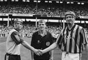 21 July 1991; Referee Dickie Murphy, Wexford, with Dublin captain John Twomey, left, and Kilkenny captain Christy Heffernan, Kilkenny. Leinster Senior Hurling Championship Final, Dublin v Kilkenny, Croke Park, Dublin. Picture credit; Connolly Collection / SPORTSFILE