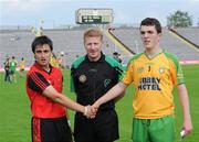 27 June 2009; Referee, JJ Cleary, along with Down Captain, Ross McGarry and Donegal Captain, Peter Devine, before the game. ESB Ulster Minor Football Championship Semi-Final, Donegal v Down, St. Tighearnach's Park, Clones, Co. Monaghan. Picture credit: Oliver McVeigh / SPORTSFILE *** Local Caption ***