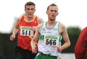 28 June 2009; Simon Ryan, Raheny Shamrocks AC, 566, who won the U23 Men's 5,000m final in action against James O'Hare who won the Junior Men's 5,000m final event at the AAI Woodies DIY Junior & U23 Track & Field Championships, Tullamore, Co. Offaly. Picture credit: Pat Murphy / SPORTSFILE