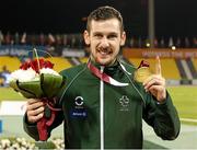 30 October 2015; Ireland's Michael McKillop, from Glengormley, Co. Antrim, with his gold medal, after coming first in his Men's 1500m T37 final with a time of 4:16.19. IPC Athletics World Championships. Doha, Qatar. Picture credit: Marcus Hartmann / SPORTSFILE