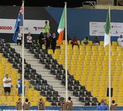 30 October 2015; The tricolour flies between the flags of Australia, left, and Algeria, right, after Ireland's Michael McKillop, from Glengormley, Co. Antrim, won gold in the Men's 1500m T37 final with a time of 4:16.19. IPC Athletics World Championships. Doha, Qatar. Picture credit: Marcus Hartmann / SPORTSFILE