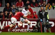 30 October 2015; Dan Tuohy, Ulster, goes over to score his side's fourth try despite the tackle of Mark Chisholm, Munster. Guinness PRO12, Round 6, Munster v Ulster, Thomond Park, Limerick. Picture credit: Stephen McCarthy / SPORTSFILE