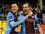 30 October 2015; Michael Daly, Drogheda United, right, celebrates with team mate Seán Brennan, after scoring his team's opening goal. SSE Airtricity League Premier Division, Shamrock Rovers v Drogheda United, Tallaght Stadium, Tallaght, Co. Dublin. Picture credit: Seb Daly / SPORTSFILE