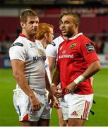 30 October 2015; Munster's Simon Zebo and Ulster's Chris Henry in conversation after the game. Guinness PRO12, Round 6, Munster v Ulster, Thomond Park, Limerick. Picture credit: Diarmuid Greene / SPORTSFILE