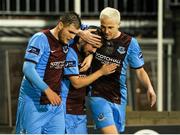 30 October 2015; Tiarnan Mulvenna, centre, Drogheda United, celebrates with teammates Gerald Pender and Seán Thornton after scoring his team's second goal. SSE Airtricity League Premier Division, Shamrock Rovers v Drogheda United, Tallaght Stadium, Tallaght, Co. Dublin. Picture credit: Seb Daly / SPORTSFILE