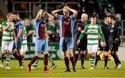 30 October 2015; Lee Duffy, left, and Alan Byrne, Drogheda United, react to the final whistle confirming their team's relegation after their loss to Shamrock Rovers. SSE Airtricity League Premier Division, Shamrock Rovers v Drogheda United, Tallaght Stadium, Tallaght, Co. Dublin. Picture credit: Seb Daly / SPORTSFILE