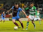 30 October 2015; Mark Hughes, Drogheda United, in action against Stephen McPhail, Shamrock Rovers. SSE Airtricity League Premier Division, Shamrock Rovers v Drogheda United, Tallaght Stadium, Tallaght, Co. Dublin. Picture credit: Seb Daly / SPORTSFILE