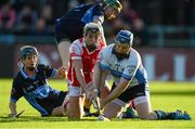 31 October 2015; St Jude's goalkeeper Martin Hartnett, supported by team-mate Ciarán Mangan, left, saves a shot on goal from Jake Malone, Cuala. Dublin County Senior Hurling Championship Final, Cuala v St Jude's. Parnell Park, Donnycarney, Dublin. Picture credit: Piaras Ó Mídheach / SPORTSFILE