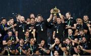 31 October 2015; New Zealand captain Richie McCaw and Dan Carter, right, lift the Webb Ellis Cup surrounded by team-mates. 2015 Rugby World Cup Final, New Zealand v Australia. Twickenham Stadium, Twickenham, London, England. Picture credit: Stephen McCarthy / SPORTSFILE