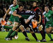 31 Ocotber 2015; Andrew Browne, Connacht, is tackled by Mike Coman, left, and Cornell Du Preez, Edinburgh. Guinness PRO12, Round 6, Connacht v Edinburgh. Sportsground, Galway. Picture credit: Sam Barnes / SPORTSFILE