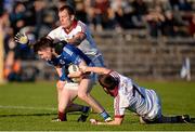 1 November 2015; Ross McKenna, Scotstown, in action against Patsy Bradley and Barry McGuigan, Slaughtneil. AIB Ulster GAA Senior Club Football Championship Quarter-Finals, Scotstown v Slaughtneil. St Tiernach's Park, Clones, Monaghan. Picture credit: Seb Daly / SPORTSFILE