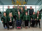 1 November 2015; The Paralympics Ireland team, front row from left, Hayley Fitzsimons, from Portlaw, Co. Waterford, who competed in the F40 shot put, Deirdre Mongan, originally from Milltown, Co. Galway, now living in Newcastle, Co. Down, who won bronze in the F53 shot put, Orla Barry, from Ladysbridge, Co. Cork, who won bronze in the F57 discus throw, Lorraine Regan, from Kilcormac, Co. Offaly, who competed in the F56 javelin, John McCarthy, from Dunmanway, Co. Cork, who competed in the T51 100m and 400m, and Niamh McCarthy, from Carrigaline, Co. Cork, who won bronze in the F41 discus. Back row, left to right, Physiotherapist Jon Faulkner, coach James Nolan, Michael McKillop, from Glengormley, Co. Antrim, who won double gold in the T37 800m and 1500m, Noelle Lenihan, from Charleville, Co. Cork, who won silver in the F38 discus, coach Dave Sweeney and coach Jim Lenihan. Paralympics Ireland Team Homecoming from the IPC Athletics World Championships, in Doha, Qatar. Terminal 2, Dublin Airport. Picture credit: Cody Glenn / SPORTSFILE