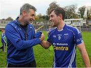 1 November 2015; Manager Matthew McGleenan, left, and James Turley, Scotstown, celebrate their team's victory over Slaughtneil at the final whistle. AIB Ulster GAA Senior Club Football Championship Quarter-Finals, Scotstown v Slaughtneil. St Tiernach's Park, Clones, Monaghan. Picture credit: Seb Daly / SPORTSFILE