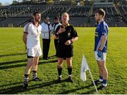1 November 2015; Referee Ciaran Branagan, centre, is joined by captains Donal Morgan, Scotstown, right, and Francis McEldowney, Slaughtneil, for the coin toss before the start of the match. AIB Ulster GAA Senior Club Football Championship Quarter-Finals, Scotstown v Slaughtneil. St Tiernach's Park, Clones, Monaghan. Picture credit: Seb Daly / SPORTSFILE