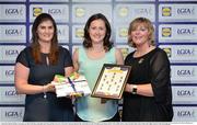 1 June 2016; Martina O'Brien, Cork, centre, receives her Division 1 Lidl Ladies Team of the League Award from Aoife Clarke, head of communications, Lidl Ireland, left, and Marie Hickey, President of Ladies Gaelic Football, right, at the Lidl Ladies Teams of the League Award Night. The Lidl Teams of the League were presented at Croke Park with 60 players recognised for their performances throughout the 2016 Lidl National Football League Campaign. The 4 teams were selected by opposition managers who selected the best players in their position with the players receiving the most votes being selected in their position. Croke Park, Dublin. Photo by Cody Glenn/Sportsfile