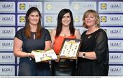 1 June 2016; Aisling Doonan, Cavan, centre, receives her Division 2 Lidl Ladies Team of the League Award from Aoife Clarke, head of communications, Lidl Ireland, left, and Marie Hickey, President of Ladies Gaelic Football, right, at the Lidl Ladies Teams of the League Award Night. The Lidl Teams of the League were presented at Croke Park with 60 players recognised for their performances throughout the 2016 Lidl National Football League Campaign. The 4 teams were selected by opposition managers who selected the best players in their position with the players receiving the most votes being selected in their position. Croke Park, Dublin. Photo by Cody Glenn/Sportsfile