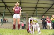 5 July 2009; Galway captain Annette Clarke makes her speech after accepting the CBE cup. TG4 Ladies Football Connacht Senior Championship Final, Mayo v Galway, O’Hara’s Pitch, Charlestown, Co. Mayo. Photo by Sportsfile