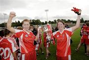 5 July 2009; Sarah Connolly and Lynda Donnelly, Tyrone, celebrate with the cup after the game. TG4 Ladies Football Ulster Senior Championship Final, Monaghan v Tyrone, Breffini Park, Cavan. Picture credit: Oliver McVeigh / SPORTSFILE
