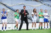 6 July 2009; Guest of honour, Sunderland chairman and former Republic of Ireland international Niall Quinn with senior captains, from left, Emma McEvoy, Laois, Teresa Mylott, Leitrim, Aisling Holton, Kildare, Mags O'Donoghue, Kerry, and Sharon Courtney, representing Monaghan, at the launch of the TG4 Ladies Football All-Ireland Championships. Croke Park, Dublin. Picture credit: Stephen McCarthy / SPORTSFILE