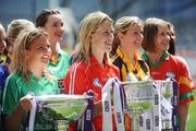 6 July 2009; Limeirck captain Mary Ita Casey, left, Cork captain Mary O'Connor, centre, Kilkenny captain Helen Murphy and Carlow captain Pamela Dowling at the launch of the TG4 Ladies Football All-Ireland Championships. Croke Park, Dublin. Picture credit: Stephen McCarthy / SPORTSFILE