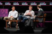 3 November 2015; Galway hurler Joe Canning, centre, with Doug Howlett, left, Corporate Ambassador, Munster Rugby, and Oisin Langan, Journalist, Newstalk, on the Sport Stage during Day 1 of the 2015 Web Summit in the RDS, Dublin, Ireland. Picture credit: Brendan Moran / SPORTSFILE / Web Summit