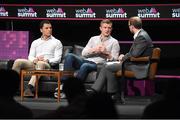 3 November 2015; Galway hurler Joe Canning, centre, with Doug Howlett, left, Corporate Ambassador, Munster Rugby, and Oisin Langan, Journalist, Newstalk, on the Sport Stage during Day 1 of the 2015 Web Summit in the RDS, Dublin, Ireland. Picture credit: Brendan Moran / SPORTSFILE / Web Summit