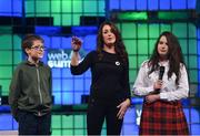 3 November 2015; Mary Moloney, Global CEO of Coder Dojo, along with Donal Murphy, from St Paul's College, Clontarf, Co. Dublin, left, and Sara Maurer, from Rosemont School, Sandyford, Co. Dublin, at Schools Summit during Day 1 of the 2015 Web Summit in the RDS, Dublin, Ireland. Picture credit: Stephen McCarthy / SPORTSFILE / Web Summit