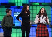 3 November 2015; Mary Moloney, Global CEO of Coder Dojo, along with Donal Murphy, from St Paul's College, Clontarf, Co. Dublin, left, and Sara Maurer, from Rosemont School, Sandyford, Co. Dublin, at Schools Summit during Day 1 of the 2015 Web Summit in the RDS, Dublin, Ireland. Picture credit: Stephen McCarthy / SPORTSFILE / Web Summit
