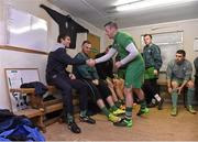 4 November 2015; Blessington FC player Ken Long shakes hands with Kevin Kilbane before a training session at Blessington FC in Wicklow, the recent winners of AVIVA’s “If You’re Out, You’re In” campaign as part of their sponsorship of the FAI Junior Cup. The initiative gives teams who have been knocked out of the competition the chance to avail of unique benefits to help them develop as a club. Blessington FC were given a High Performance training session with AVIVA’s Junior Cup Ambassador Kevin Kilbane and a team of FAI High Performance coaches. For more information on AVIVA’s FAI Junior Cup campaign log on to www.aviva.ie/localsports. Training Session with Kevin Kilbane and Blessington FC. Blessington FC, Crosscoolharbour, Blessington, Co. Kildare. Picture credit: Matt Browne / SPORTSFILE