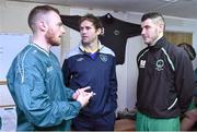 4 November 2015; Kevin Kilbane with Blessington FC players Sean O'Brien, left, and Derek Balfe at Blessington FC in Wicklow, the recent winners of AVIVA’s “If You’re Out, You’re In” campaign as part of their sponsorship of the FAI Junior Cup.  The initiative gives teams who have been knocked out of the competition the chance to avail of unique benefits to help them develop as a club.  Blessington FC were given a High Performance training session with AVIVA’s Junior Cup Ambassador Kevin Kilbane and a team of FAI High Performance coaches.  For more information on AVIVA’s FAI Junior Cup campaign log on to www.aviva.ie/localsports. Training Session with Kevin Kilbane and Blessington FC. Blessington FC, Crosscoolharbour, Blessington, Co. Kildare. Picture credit: Matt Browne / SPORTSFILE