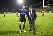 1 Novemeber 2015; Leinster's Hayden Triggs speaks with Leinster Rugby Branch President Robert McDermott after the game. Guinness PRO12 Round 6, Benetton Treviso v Leinster. Stadio Monigo, Treviso, Italy. Picture credit: Ramsey Cardy / SPORTSFILE