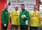 4 November 2015; Cork City's Billy Dennehy and Karl Sheppard, left, with Cork City supporters and platelet donors Mark Hayes, centre left, from Ballyphehane, and Alan Cummins, right, from Bishopstown. Cork City players visit St. Finbarr’s Hospital Platelet Clinic, Cork, in support of platelet donation. St. Finbarr's Hospital, Douglas Rd, Cork. Picture credit: Matt Browne / SPORTSFILE