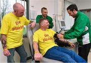 4 November 2015; Cork City's players Billy Dennehy, right, and Karl Sheppard with Cork City supporters and players doners Alan Cummins, centre, from Bishopstown and Mark Hayes, left, from Ballyphehane. Cork City players visit St. Finbarr’s Hospital Platelet Clinic, Cork, in support of platelet donation. St. Finbarr's Hospital, Douglas Rd, Cork. Picture credit: Matt Browne / SPORTSFILE